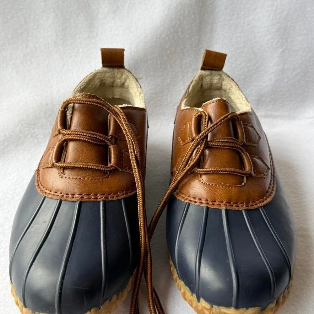JBU Jambu Womens Duck Shoes Navy Tan Waterproof Faux Fur Lined Rain Boots Size 8